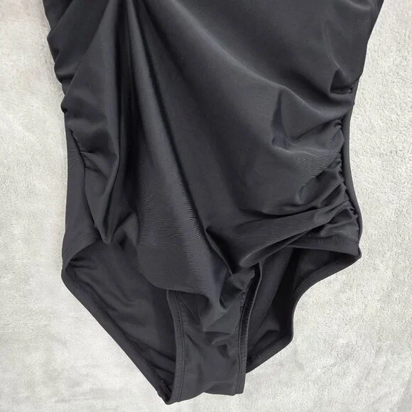 DKNY 1 Piece Swimsuit L Black Halter Ruched Tummy Control Beach Pool Vacay Solid - Picture 5 of 11